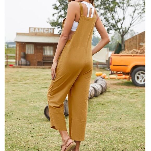 Wide Leg Overall Jumpsuit Harem Bib Pants Cotton Linen Ginger Size Large - Picture 3 of 5